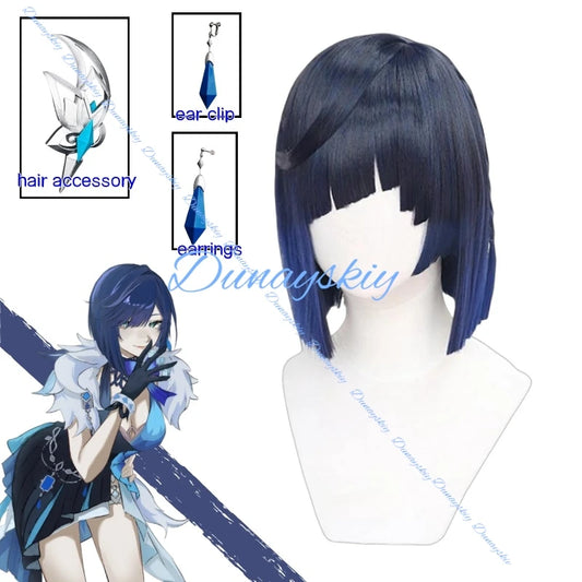 Genshin Impact Yelan Cosplay Wig Hair accessory Short Black Purple Gradient Wig Anime Yelan Wigs Heat Resistant Synthetic Wigs