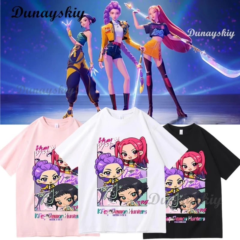 KPop Demon Hunters Cosplay T-shirt Wig Costume Superstar Rumi Mira Zoe Daily Black White Printed Top For Women Girls Clothing