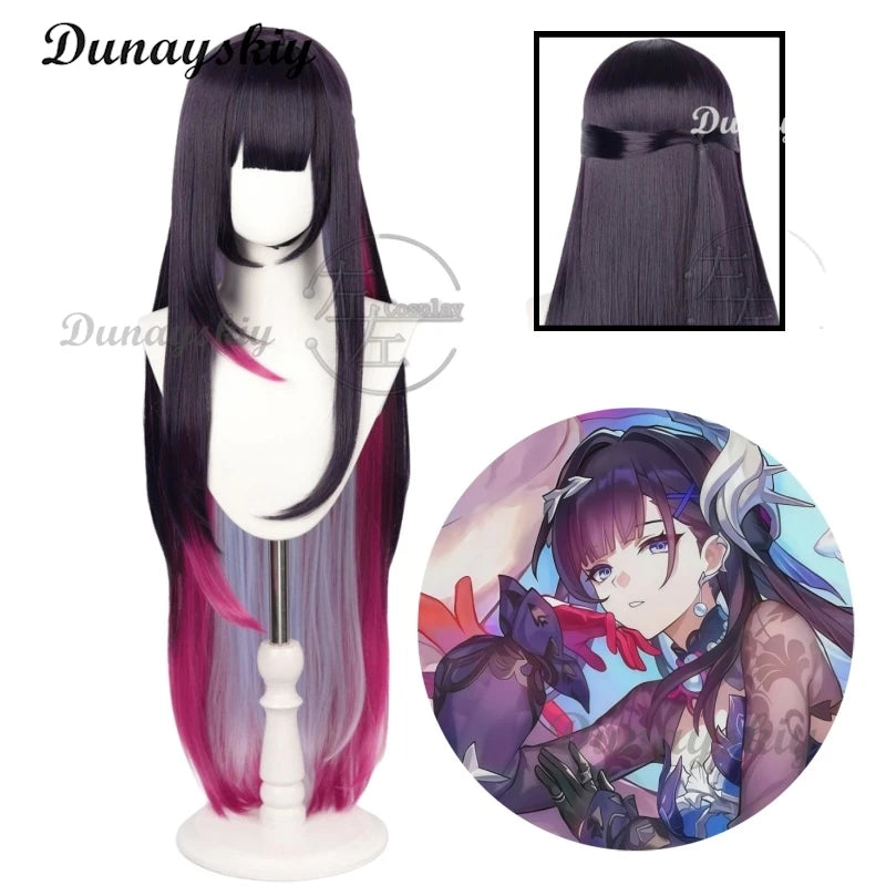 Hysilens Cosplay Game Honkai: Star Rai Wig Helektra Cosplay Wig Black Purple And Red 100cm Long Hair Wig For Halloween