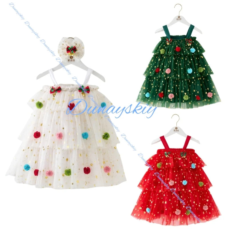 Christmas Kids Girl Stars Dress Cosplay Baby Dresses for Girls Sleeveless Red Green Party Layered Tulle Dress Xmas Clothes