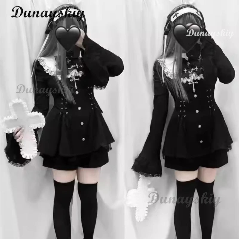 Jirai Kei Fashion Gothic Vintage Hot Girl Patchwork Dress Lolita Y2k Skinny Design Evening Party Dress Female Lace Chic Outfits