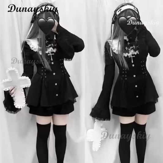 Jirai Kei Fashion Gothic Vintage Hot Girl Patchwork Dress Lolita Y2k Skinny Design Evening Party Dress Female Lace Chic Outfits