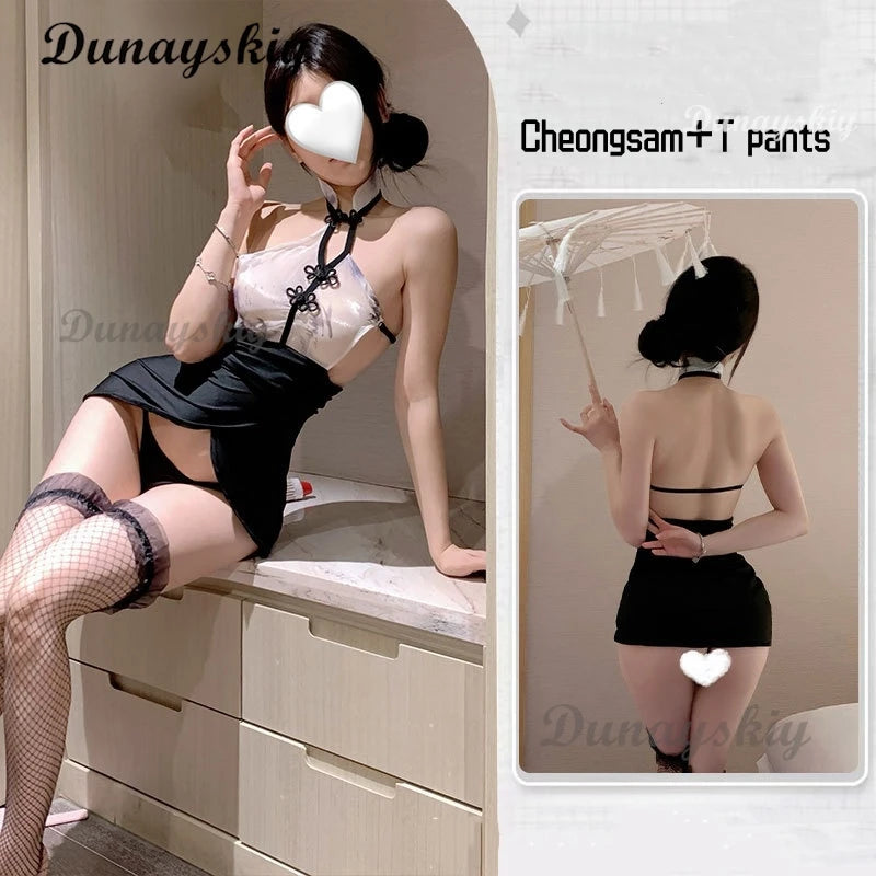 Chinese Style Mini Cheongsam Print Sexy Lingerie Teddy Nightgown Sexy Office Secretary Uniform Lace See Through High Split Dress