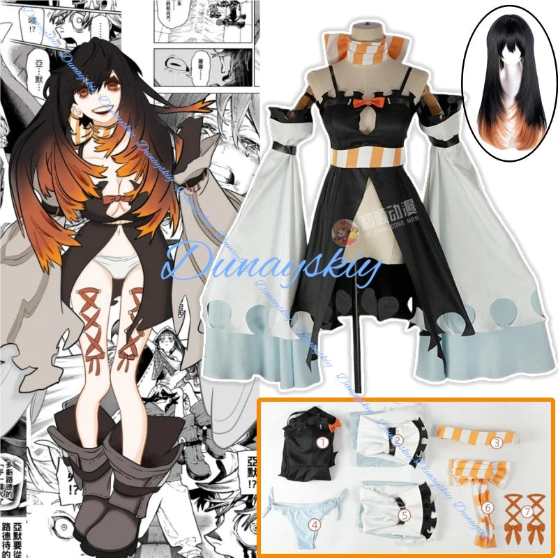 Anime Gachiakuta Amo Empool Cosplay Costume Wig Dress Sleeves Stickers Belt Bow Tie Carnival For Women Girls Team Front Full Set